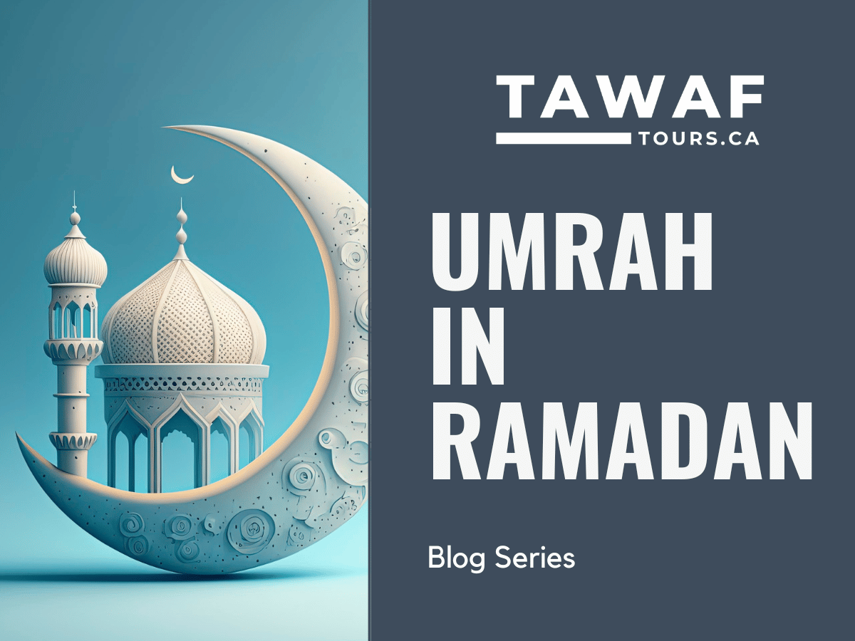 Graphic advertisement for 'Ramadan Umrah' blog series featuring a stylized crescent moon and mosque.